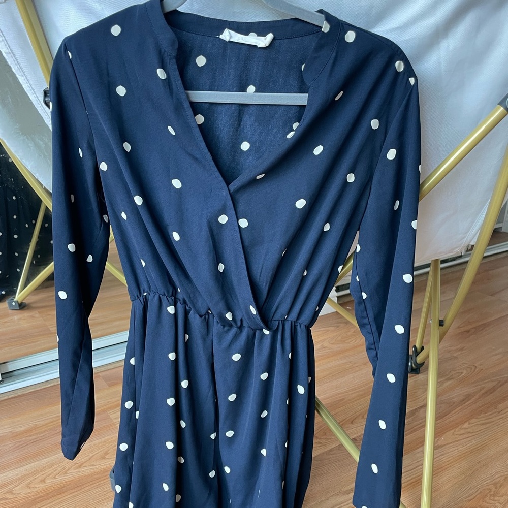 All in Favor navy and white polka dotted dress
